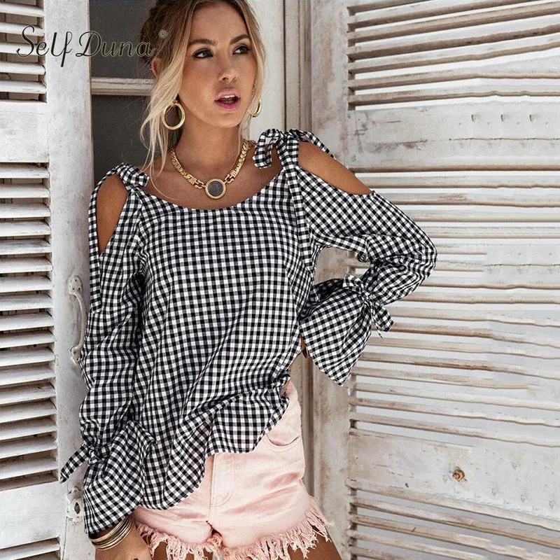 Self Duna 2019 Summer Women Plaid Shirt Off Shoulder Blouse Shirt Flare Long Sleeve Loose Cute Bow Black Female Top Shirt
Self Duna 2019 Summer Women Plaid Shirt Off Shoulder Blouse Shirt Flare Long Sleeve Loose Cute Bow Black Female Top Shirt