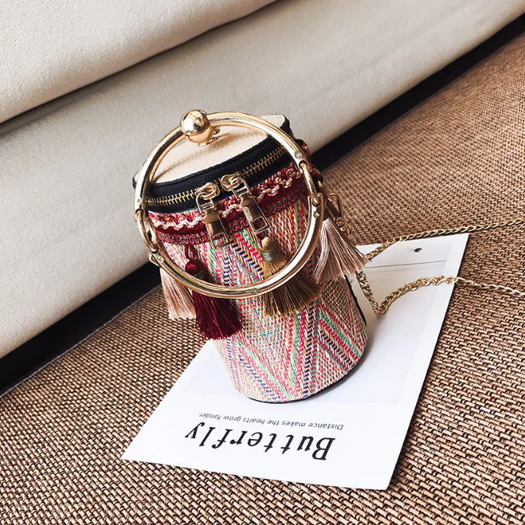 Tassel Women Wristlets Bucket Metal Ring Handle Tote Bags Shoulder Chains Crossbody Bags National Striped Zipper Female Handbag
Tassel Women Wristlets Bucket Metal Ring Handle Tote Bags Shoulder Chains Crossbody Bags National Striped Zipper Female Handbag