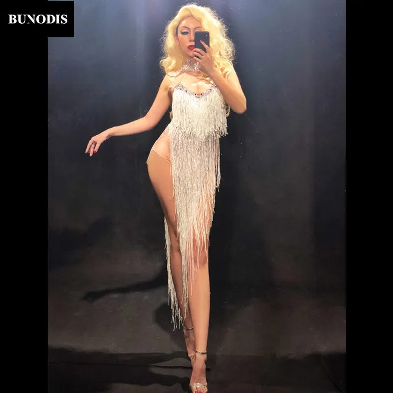 ZD293 Women Sexy Bodysuit Long Silver Tassel Sleeveless Sparkling Crystal Jumpsuit Celebrate Nightclub Party Stage Wear Costumes
ZD293 Women Sexy Bodysuit Long Silver Tassel Sleeveless Sparkling Crystal Jumpsuit Celebrate Nightclub Party Stage Wear Costumes