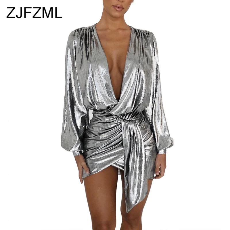 Long Lantern Sleeve Sexy Warp Dress Women Deep V Neck Metallic Shining Night Club Dress Casual Ladies Pleated Irregular Vestidos
Long Lantern Sleeve Sexy Warp Dress Women Deep V Neck Metallic Shining Night Club Dress Casual Ladies Pleated Irregular Vestidos