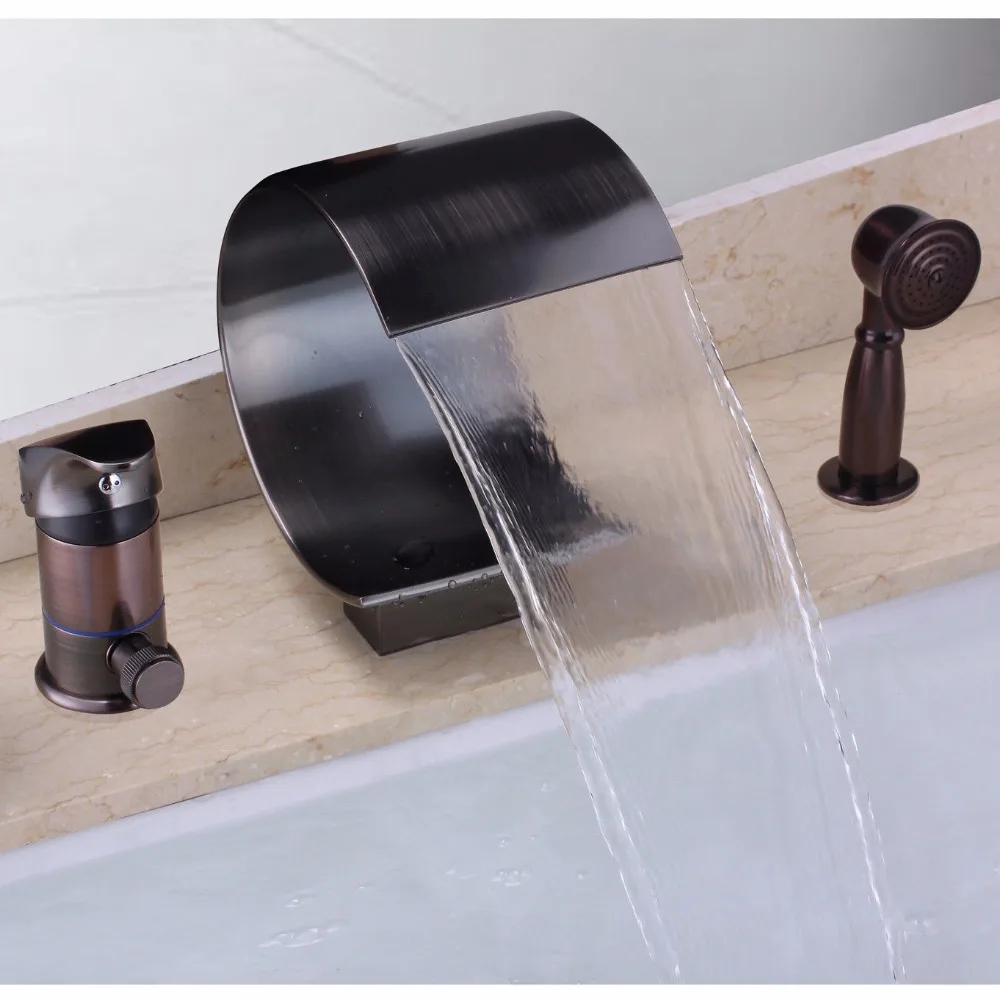 

Free ship oil rubbed bronze 3 pcs widespread Waterfall Bathroom Bath Roman Tub Filler shower Faucet deck mounted