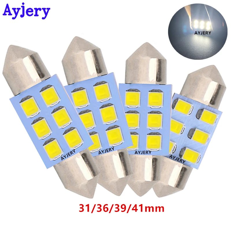 AYJERY Wholesale Price !! 500PCS C5W 31mm 36mm 39mm 41mm White 3528 1210 6 Smd Festoon Dome LED Light Bulbs 6 Led Reading Light
AYJERY Wholesale Price !! 500PCS C5W 31mm 36mm 39mm 41mm White 3528 1210 6 Smd Festoon Dome LED Light Bulbs 6 Led Reading Light