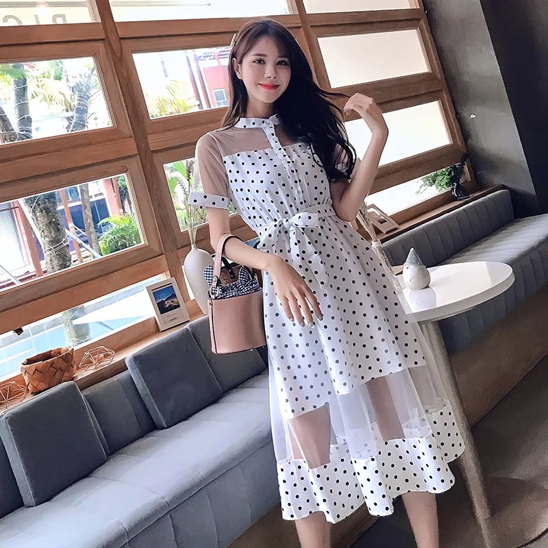 chiffon splice mesh elastic waist stand neck beach dress 2019 new elegant and self-cultivation sweet women's dress midi dress
chiffon splice mesh elastic waist stand neck beach dress 2019 new elegant and self-cultivation sweet women's dress midi dress