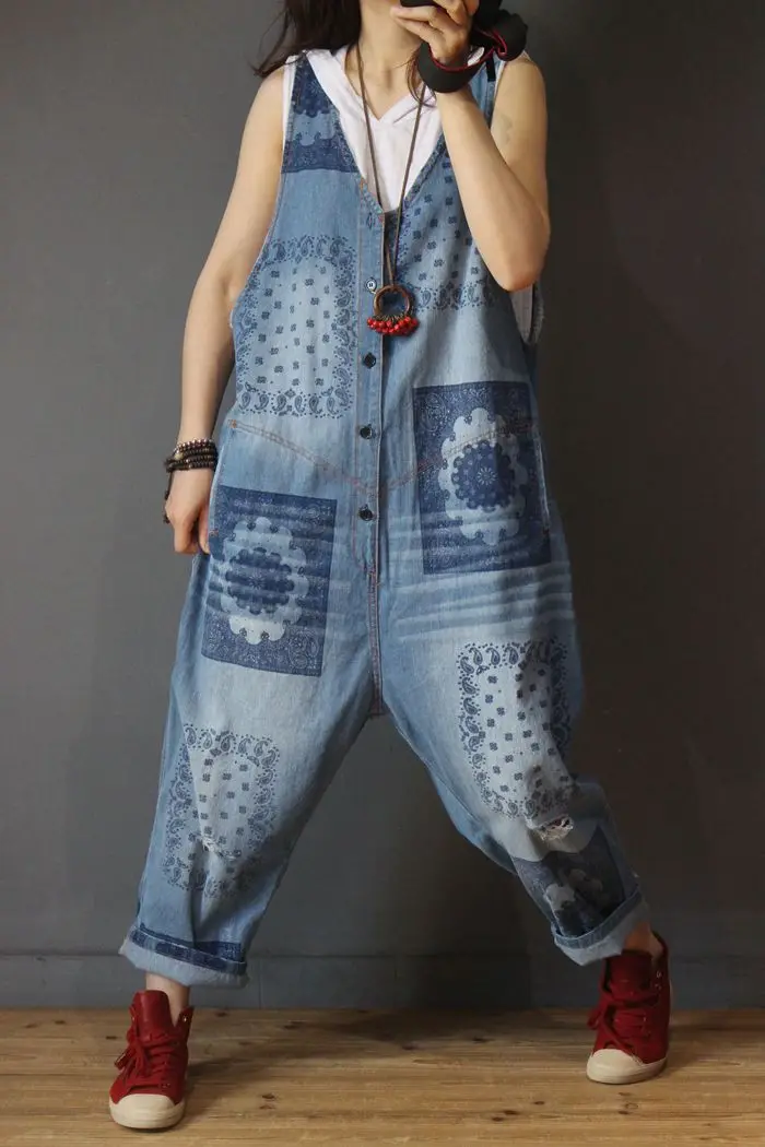 Комбинезон женский джинсовый в стиле ретро свободный ромпер с V-образным вырезом
