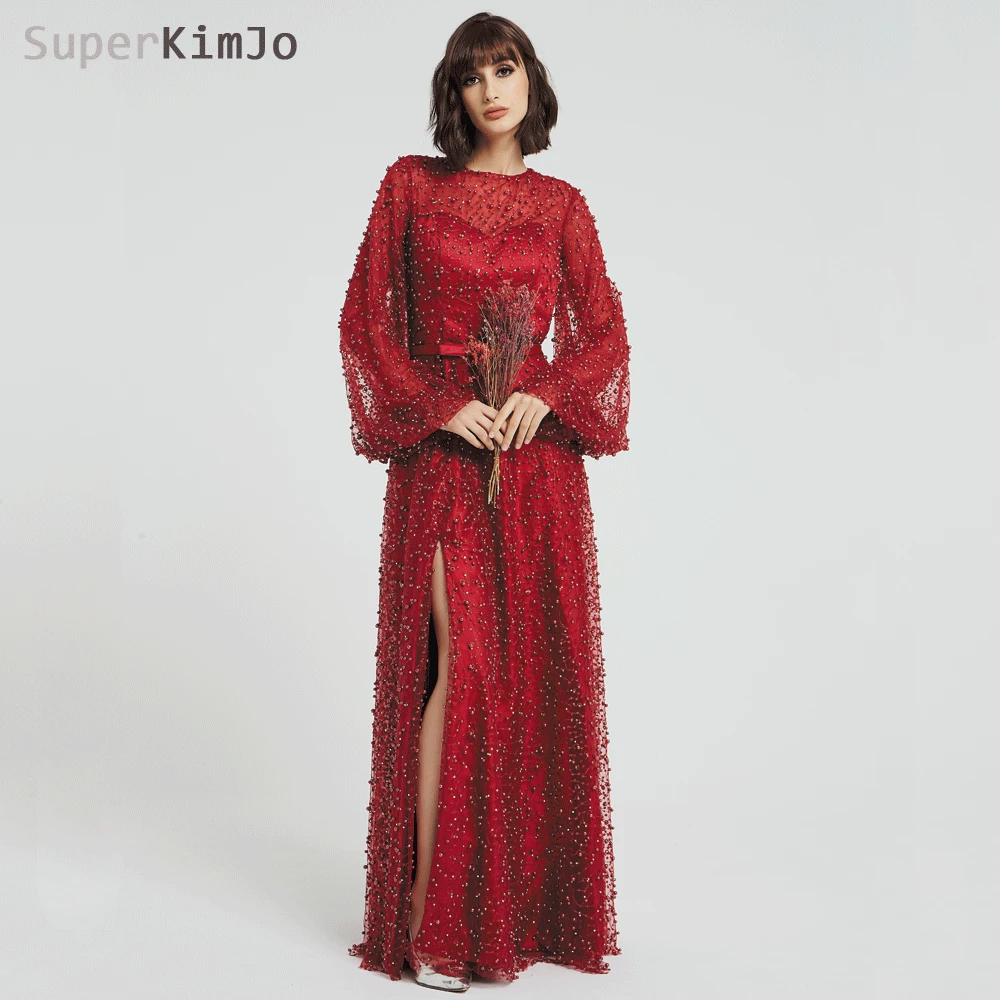 SuperKimJo Burgundy Prom Dresses Long Elegant Beaded A Line Flare Sleeve Prom Gown with Side Slit Vestido De Formatura Longo 
SuperKimJo Burgundy Prom Dresses Long Elegant Beaded A Line Flare Sleeve Prom Gown with Side Slit Vestido De Formatura Longo