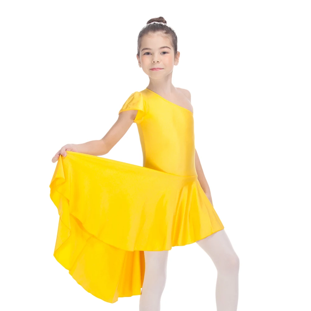 

Oblique Shoulders Latin Dancing Dress Shiny Nylon/Lycra Leotrads with Skirts Girls Bodysuit Kids Dancewear