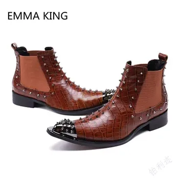 

Brown Vintage Pointed Toe Rivets Studded Man Ankle Cowboy Boots Fashion Italian Leather Shoes Man Handmade Slip On Martin Boots