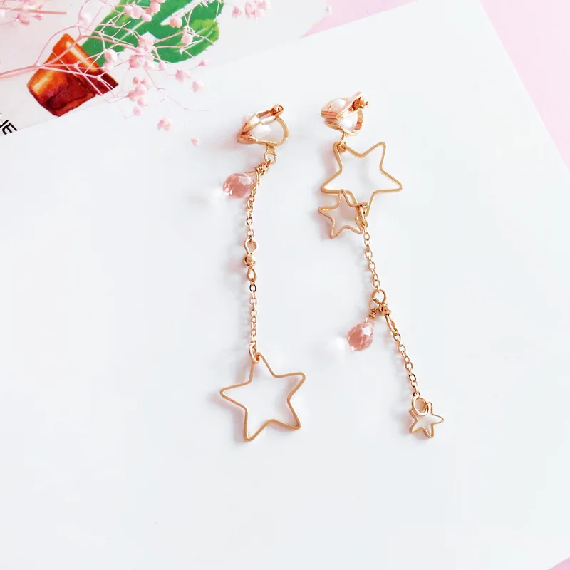 Japenese Romantic Pink Crystal Asymmetric Long Hanging Earrings Sailor Moon Hollow Stars Clip Earrings No Ear Hole For Girls
Japenese Romantic Pink Crystal Asymmetric Long Hanging Earrings Sailor Moon Hollow Stars Clip Earrings No Ear Hole For Girls