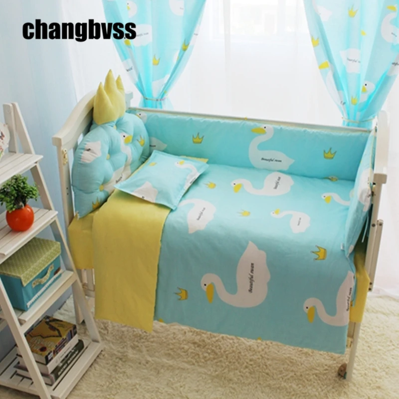 Image Comfortable Baby Infant Bedding Set Newborn Crib Bedding Cartoon Swan Cotton Bumpers Quilt Sheet Bed Skirt Blanket for Cot