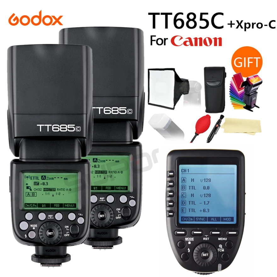 2x Godox TT685C High-Speed Sync External TTL Speedlite Flash + XPRO-C + 15*17cm softbox + Color filters For Canon 1100D 1000D 7D
2x Godox TT685C High-Speed Sync External TTL Speedlite Flash + XPRO-C + 15*17cm softbox + Color filters For Canon 1100D 1000D 7D