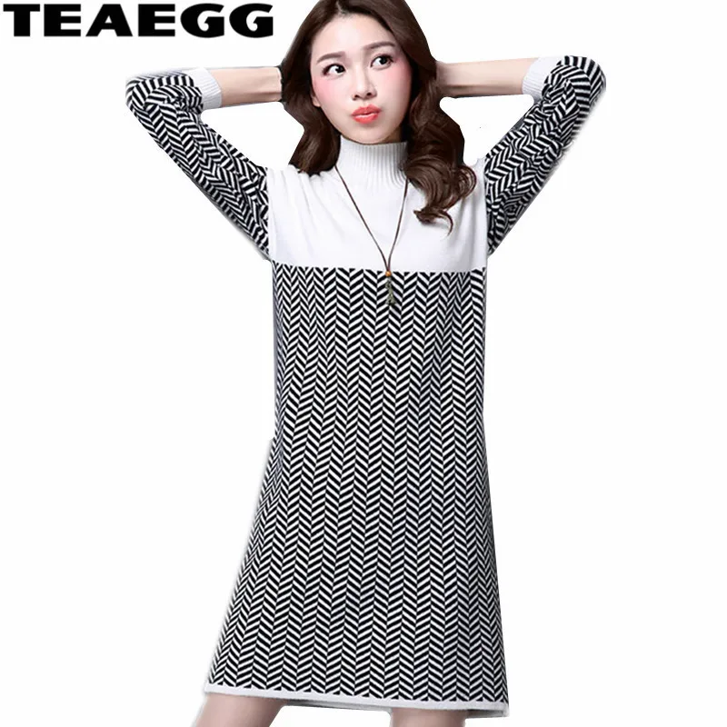 TEAEGG Turtleneck Womens Dresses New Arrival 2020 Thick Loose Sweater White Dress Women Warm Winter Autumn Vestido AL492 | Женская