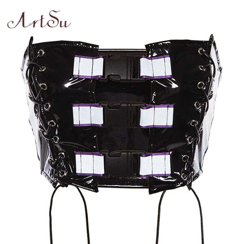 ArtSu Streetwear PU Leather Strapless Sexy Black Bralette Crop Top Lace Up Buckle Top Reflective Clubwear Camis Punk ASVE20428
ArtSu Streetwear PU Leather Strapless Sexy Black Bralette Crop Top Lace Up Buckle Top Reflective Clubwear Camis Punk ASVE20428