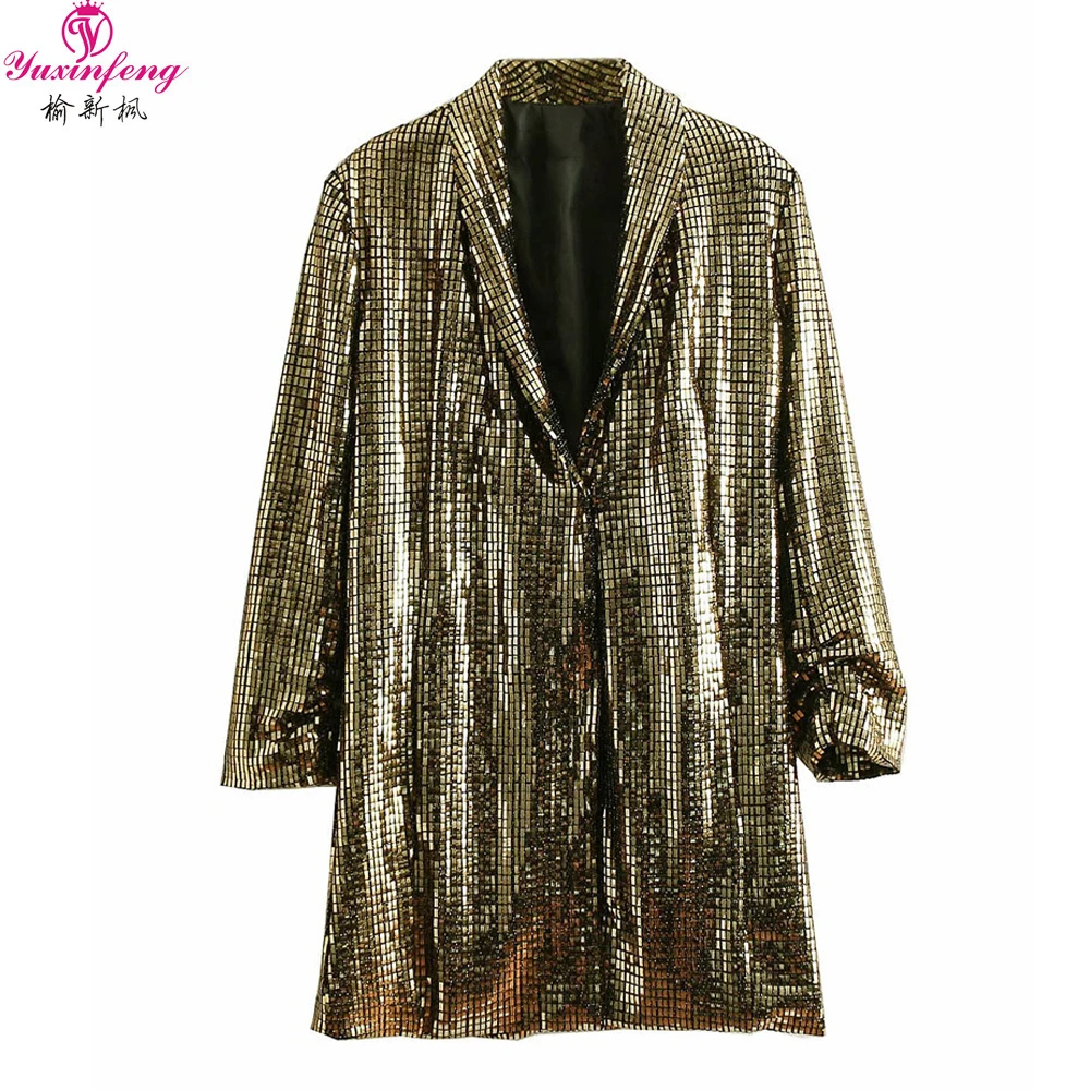 Yuxinfeng Women Golden Sequin Blazer Ladies Fashion Slim Medium Long Blazer Jackets Euro Solid Bling Suit Jackets Female outwear
Yuxinfeng Women Golden Sequin Blazer Ladies Fashion Slim Medium Long Blazer Jackets Euro Solid Bling Suit Jackets Female outwear
