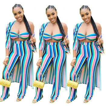 Summer Colorful Striped Three Piece Set Women Sexy Strapless Crop Tops+Long Pants With Three Quarter Sleeve Long Cardigan Beach
Summer Colorful Striped Three Piece Set Women Sexy Strapless Crop Tops+Long Pants With Three Quarter Sleeve Long Cardigan Beach