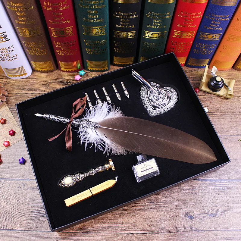 High Quality Quill Feather Dip Pen with Sealing Wax Stamp Pack in Black Gift Box Fountain Pen
High Quality Quill Feather Dip Pen with Sealing Wax Stamp Pack in Black Gift Box Fountain Pen