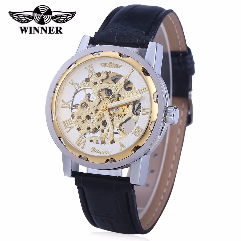 

Winner Top Brand Skeleton Design Men Automatic Watch Erkek Saat Relogio Male Clock Reloj Hombre Montre Luxury White Gold Leather