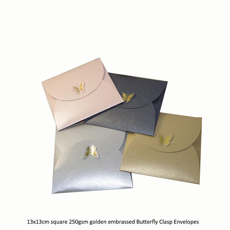50pcs/lot 13x13cm square 250gsm golden embrassed Butterfly Clasp Envelopes/ wedding Party Invitation cover, CD packing bags 
50pcs/lot 13x13cm square 250gsm golden embrassed Butterfly Clasp Envelopes/ wedding Party Invitation cover, CD packing bags