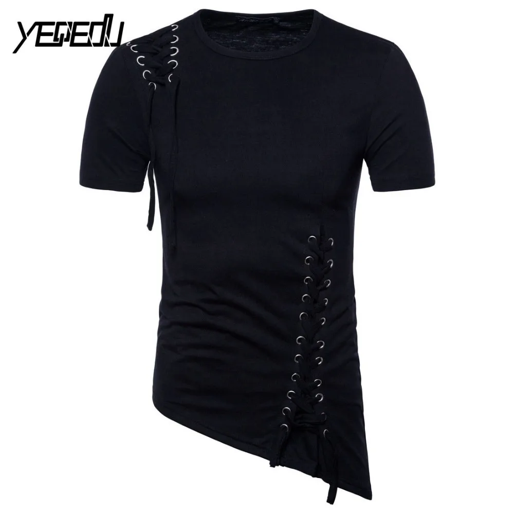 #4110 Bandage Hip hop t shirt men Short sleeve Black/White Asymmetrical hem Punk style Tee shirt homme Mens clothing Euro size
#4110 Bandage Hip hop t shirt men Short sleeve Black/White Asymmetrical hem Punk style Tee shirt homme Mens clothing Euro size