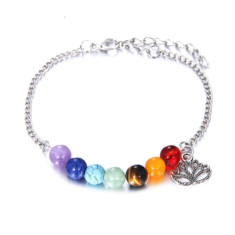 

7 Chakra Lotus Charm Anklet Newest Style Energy Colorful Natural Stone Beaded Flower Pendant Anklets For Women Healing Jewelry