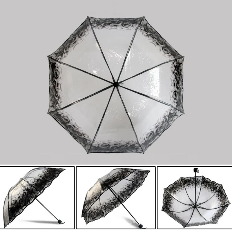 Yesello Transparent Umbrella Rain Sunny and Rainy Umbrella Parasol Thicken Three-folding Advertising Women