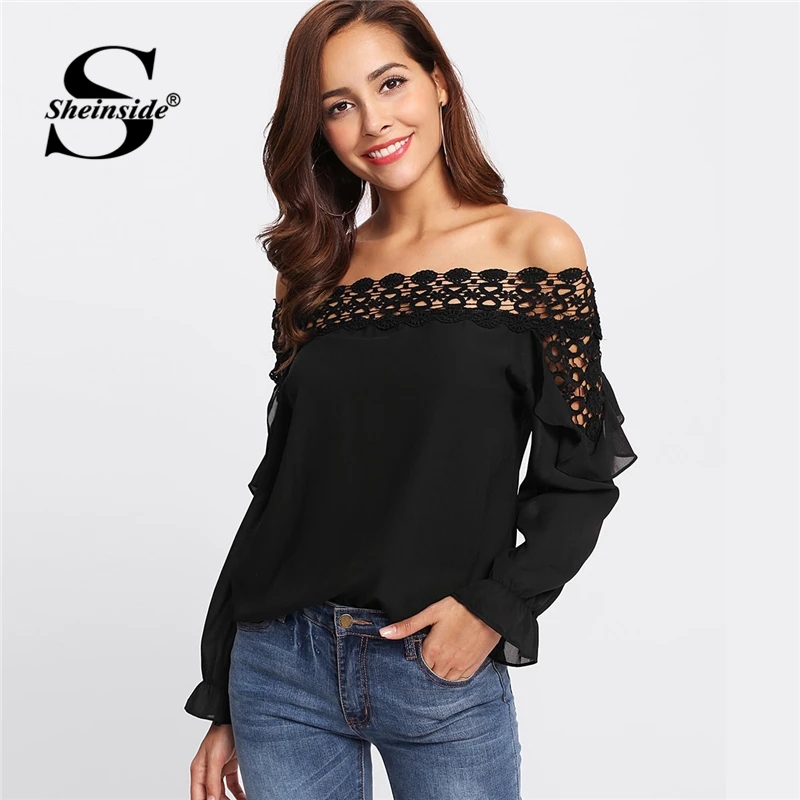 Sheinside Black Off Shoulder Lace Blouses Hollow Out Crochet Insert Frill Top Female Elegant Blouse Long Sleeve Women Tops
Sheinside Black Off Shoulder Lace Blouses Hollow Out Crochet Insert Frill Top Female Elegant Blouse Long Sleeve Women Tops