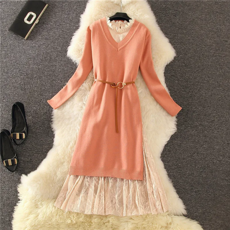 Elegant Sweater Dress 2pcs Set Pullover Loose Long-sleeved Knit Dress with Stylish Side Slit Buttons + Lace Dress
Elegant Sweater Dress 2pcs Set Pullover Loose Long-sleeved Knit Dress with Stylish Side Slit Buttons + Lace Dress
