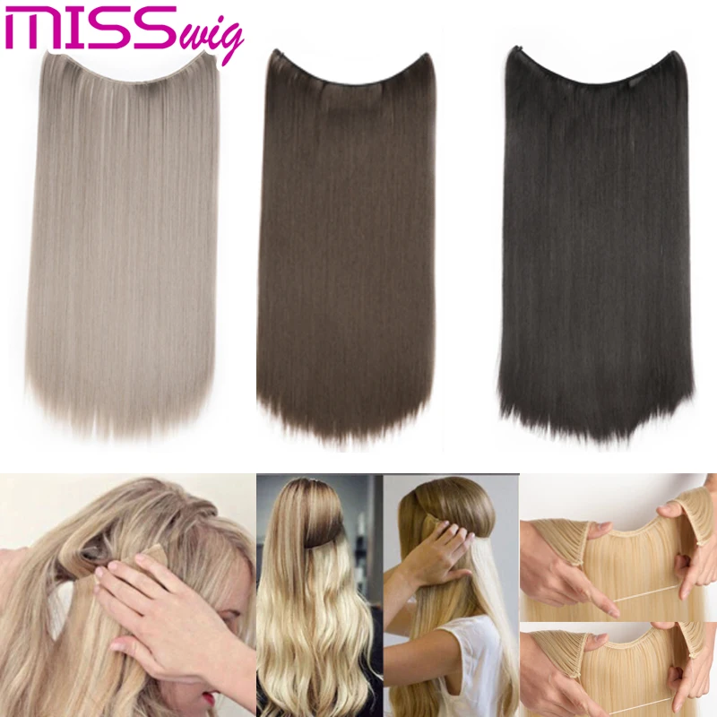 MISS WIG Women Fish Line No Clips In Hair Extensions 25 CM Natural Wavy Blonde Black 20 Colors Available Synthetic Hair Piece (2)