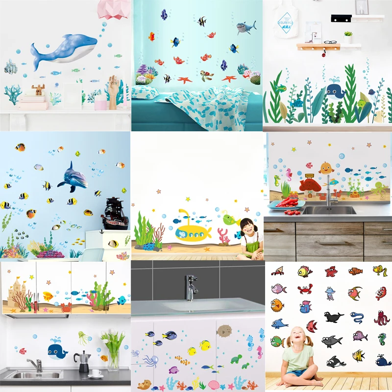 Underwater Fish Wall Stickers Home Kitchen Bathroom Decoration Scenery Mural Art Poster Decals | Дом и сад