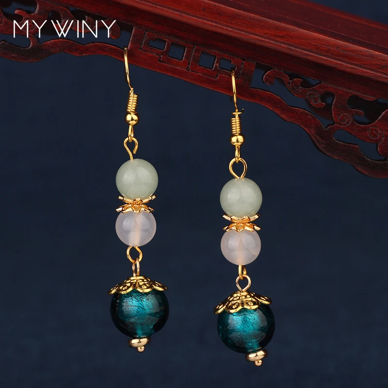 

MYWINY nature stones dangle ethnic shiny Aventurine earrings vintage fashion glazed glass jewelry sea blue