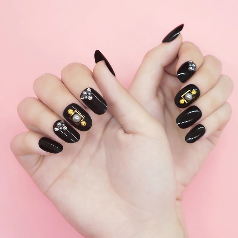 24pcs Black Metal False Nails Round Head Art Salon Acrylic Fake 3D Glitter Press On Fingernails For Ladies | Красота и здоровье