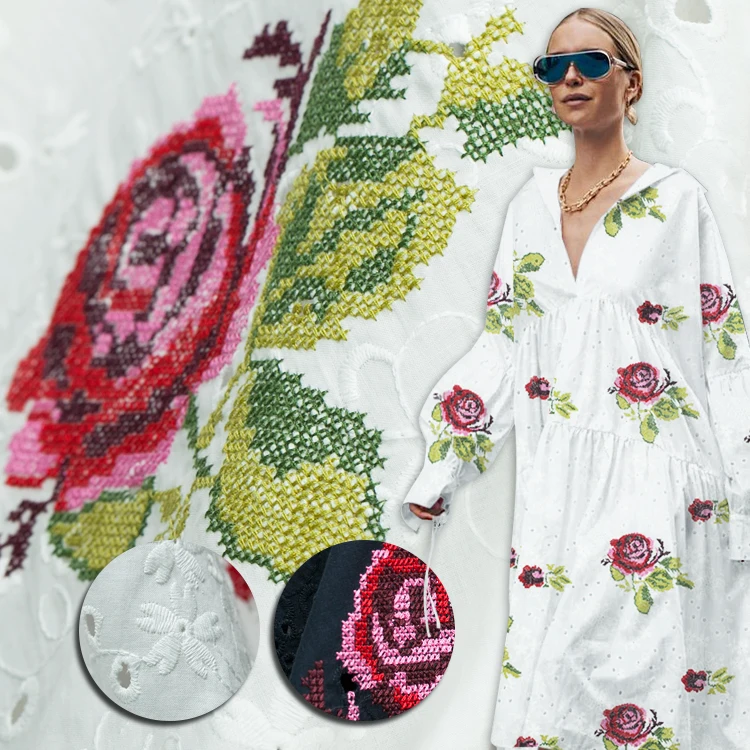 Double embroidery rose pattern hollow pure cotton fabric, white and navy, sewing for dress, skirt, curtain, craft by the yard
Double embroidery rose pattern hollow pure cotton fabric, white and navy, sewing for dress, skirt, curtain, craft by the yard