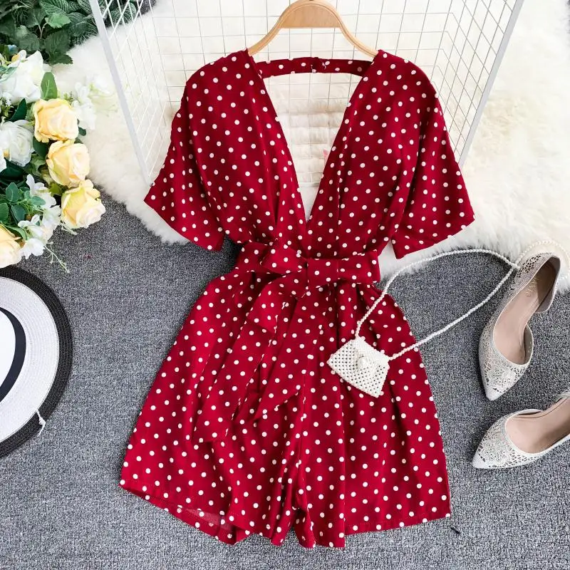 2019 new fashion women's rompers retro dot sexy V-neck short-sleeved waist tie jumpsuit
2019 new fashion women's rompers retro dot sexy V-neck short-sleeved waist tie jumpsuit
