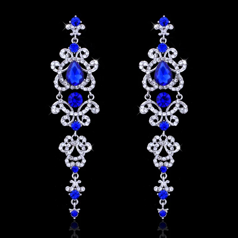 Long Drop Earrings w/ Blue/Silver Crystal Pendant for Women