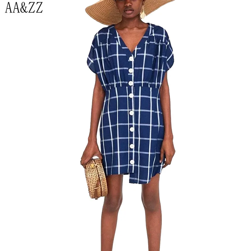 Фото AA & ZZ Лето 2018 Новое Женское платье в клетку с пуговицами асимметричное v-образным