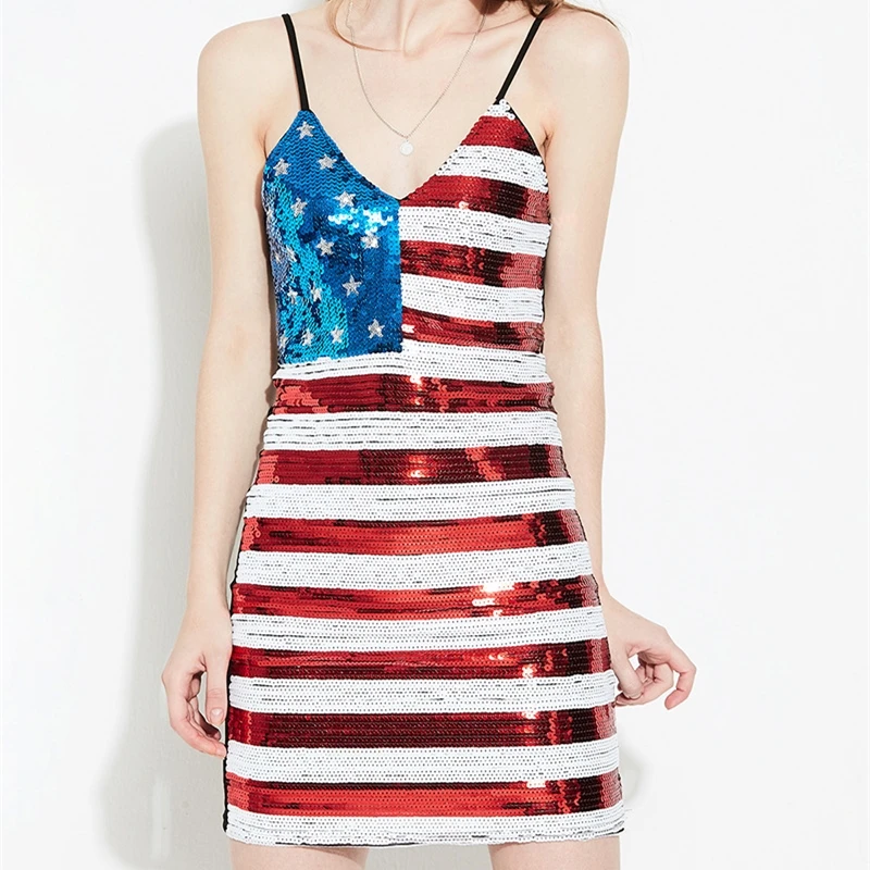Sexy V-Neck Sleeveless Stars Stripes Slim Club Dress Shiny Women USA Flag Patriotic Sequin Bodycon Adjustable Strap Mini Dress
Sexy V-Neck Sleeveless Stars Stripes Slim Club Dress Shiny Women USA Flag Patriotic Sequin Bodycon Adjustable Strap Mini Dress