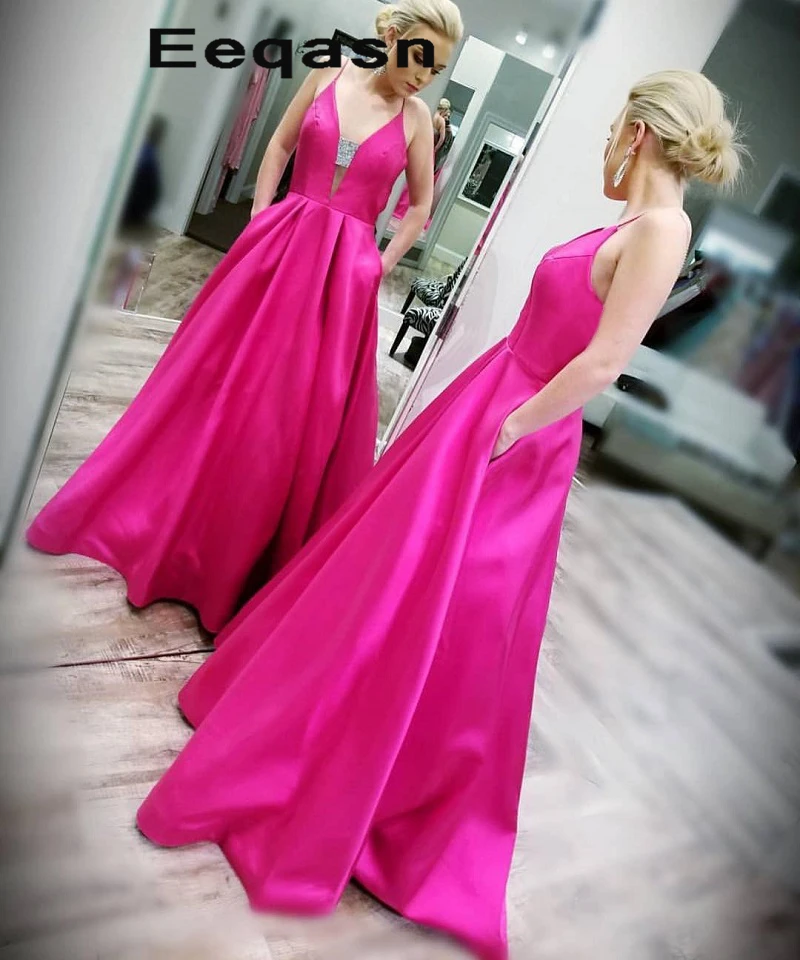 New Sexy Backless Prom Dress Long 2019 V-neck Fuchsia Satin Party Gowns with Pockets Women Evening Dresses vestidos de gala
New Sexy Backless Prom Dress Long 2019 V-neck Fuchsia Satin Party Gowns with Pockets Women Evening Dresses vestidos de gala