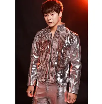 Fashion singer men's sequins leather coats silver paillette mens motorcycle leather jackets clothing drum rack male costumes
Fashion singer men's sequins leather coats silver paillette mens motorcycle leather jackets clothing drum rack male costumes