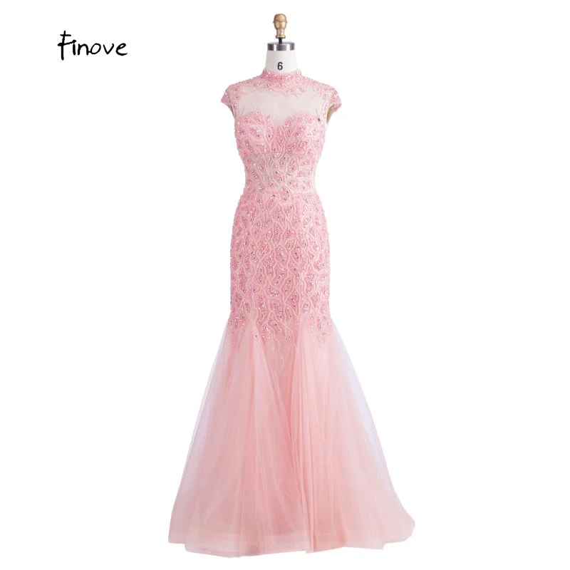 Finove 2020 New Design Fashion High Neck Pink Tulle Mermaid See Through Back Beading Evening Dresses Long Formal Party | Свадьбы и