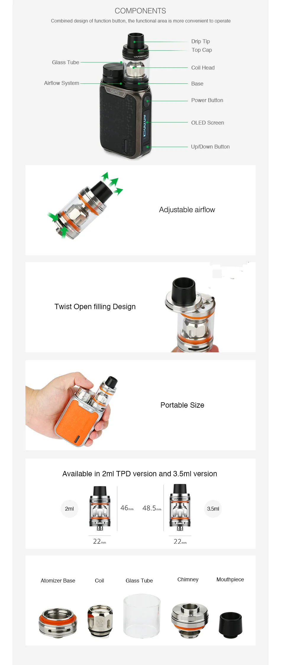 80W Vaporesso Swag TC Kit with NRG SE Tank - 2ml & 3.5ml