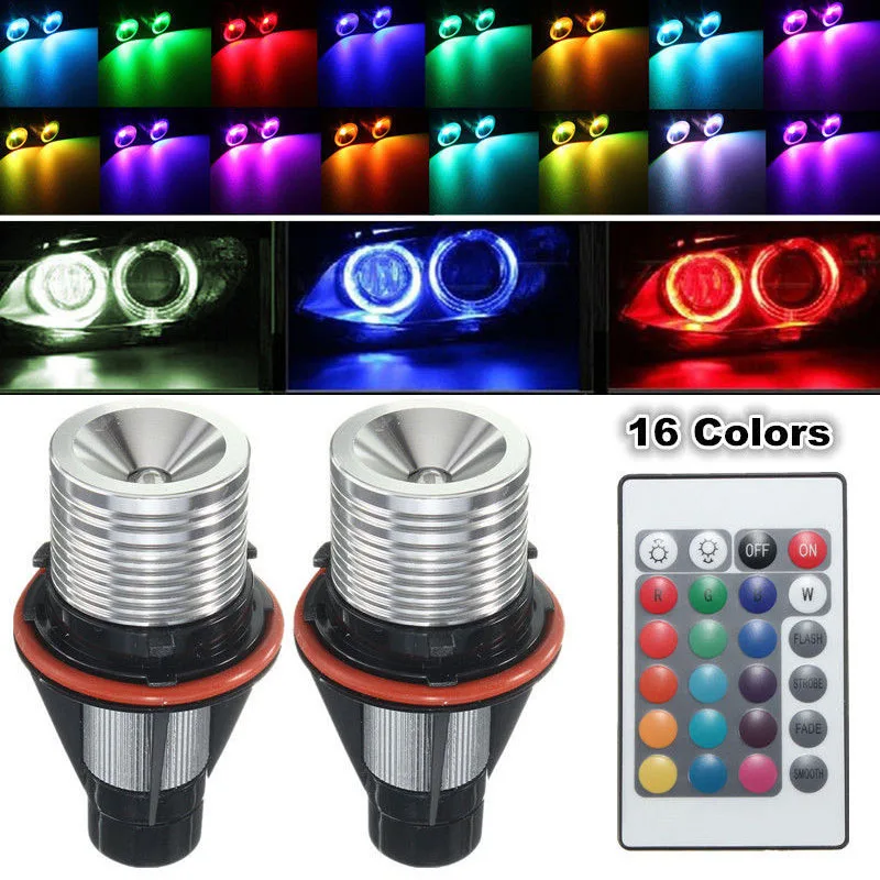 For BMW E39 E60 E61 E63 E64 2Pcs RGB LED Multi-Color Angel Eyes Light Bulb Remote LED Bulb Flash Car Headlight