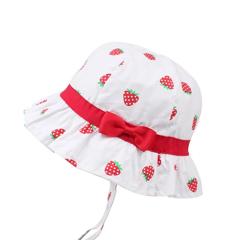 Bow Girls Panama Hat Stawberry Print Cute Hat For Girls Cotton Sweet Summer Sun Cap Wide Brim Bucket Cap Baby Girls Clothing (7)