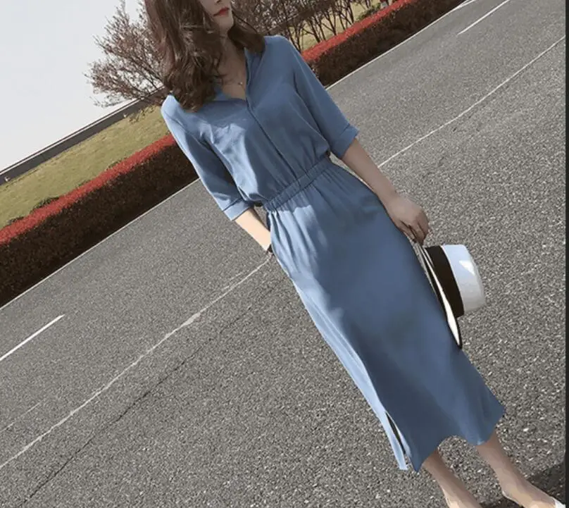 2019 women's long dress spring summer new Korean waist thin temperament Buckle lapel Five-point sleeve dress female office dress
2019 women's long dress spring summer new Korean waist thin temperament Buckle lapel Five-point sleeve dress female office dress