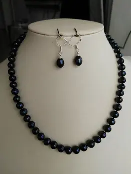 Perfect Cultured Freshwater Pearl Necklace Earrings Jewellery Set AA 7-8MM Black Color Pearl Jewellery Fashion Lady's Gift 
Perfect Cultured Freshwater Pearl Necklace Earrings Jewellery Set AA 7-8MM Black Color Pearl Jewellery Fashion Lady's Gift