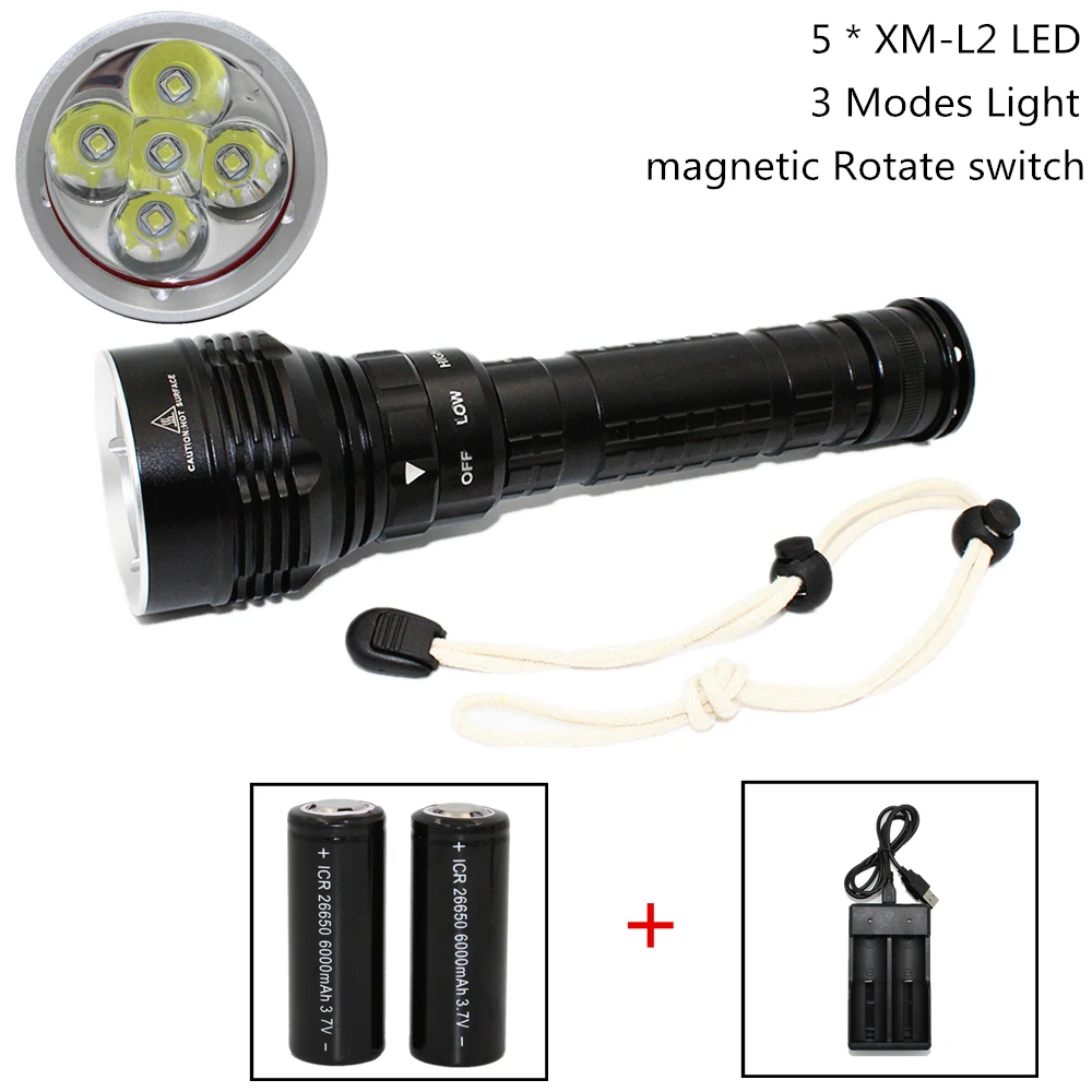 Waterproof LED Diving flashlight 5x XM-L2 6000 lumen aluminum torch Outdoor tactical light
Waterproof LED Diving flashlight 5x XM-L2 6000 lumen aluminum torch Outdoor tactical light