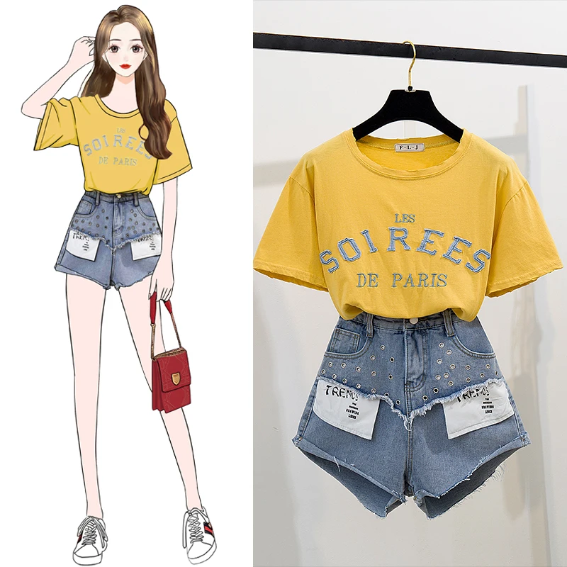 Women Letter Embroidery T-Shirts +Short Jeans 2pcs Sets 2019 Summer Cotton Tshirt Top Tees Hollow Out Pocket Denim Shorts Suits
Women Letter Embroidery T-Shirts +Short Jeans 2pcs Sets 2019 Summer Cotton Tshirt Top Tees Hollow Out Pocket Denim Shorts Suits