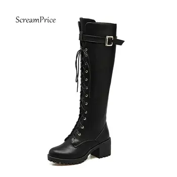Women Buckle Lace Up Comfortable Platform Square Heel Knee High Boots Fashion Round Toe Winter Shoes Black Brown Gray Green 
Women Buckle Lace Up Comfortable Platform Square Heel Knee High Boots Fashion Round Toe Winter Shoes Black Brown Gray Green