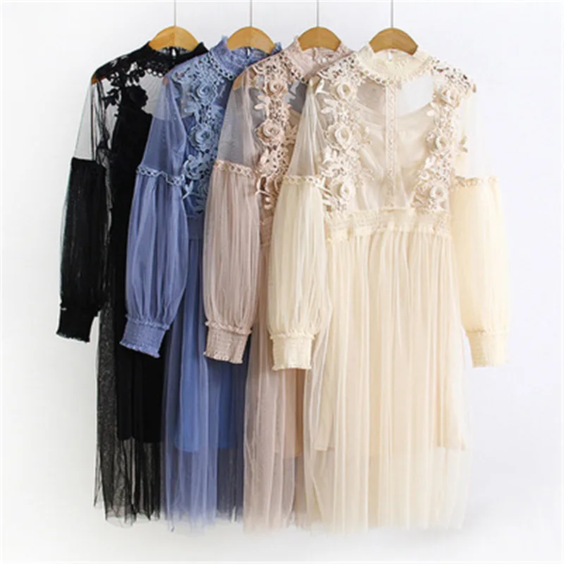 2018 New Ladies Elegant Lace Crochet Party Dress Vestido Women Summer Long Sleeve Sheer Mesh Stand Collar Korean version Dress
2018 New Ladies Elegant Lace Crochet Party Dress Vestido Women Summer Long Sleeve Sheer Mesh Stand Collar Korean version Dress