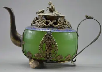Tibetan Decorated silver Handwork Jade & Tibet Silver Dragon Tea Pot Monkey Lid shipping tools wedding Decoration Brass
Tibetan Decorated silver Handwork Jade & Tibet Silver Dragon Tea Pot Monkey Lid shipping tools wedding Decoration Brass