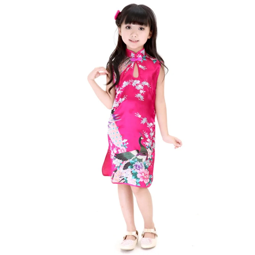 2Y-8Y Baby Girl Dress Peacock Sleeveless Slim Traditional Dress Cheongsam Girls Clothes Chinese Style Qipao baby chinese dress 2Y-8Y Baby Girl Dress Peacock Sleeveless Slim Traditional Dress Cheongsam Girls Clothes Chinese Style Qipao baby chinese dress