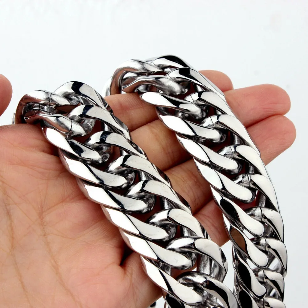 

Custom Length 16/19/21mm Width Heavy Silver Color Cut Curb Cuban Chain 316L Stainless Steel Mens Necklace Or Bracelet 7''-40''